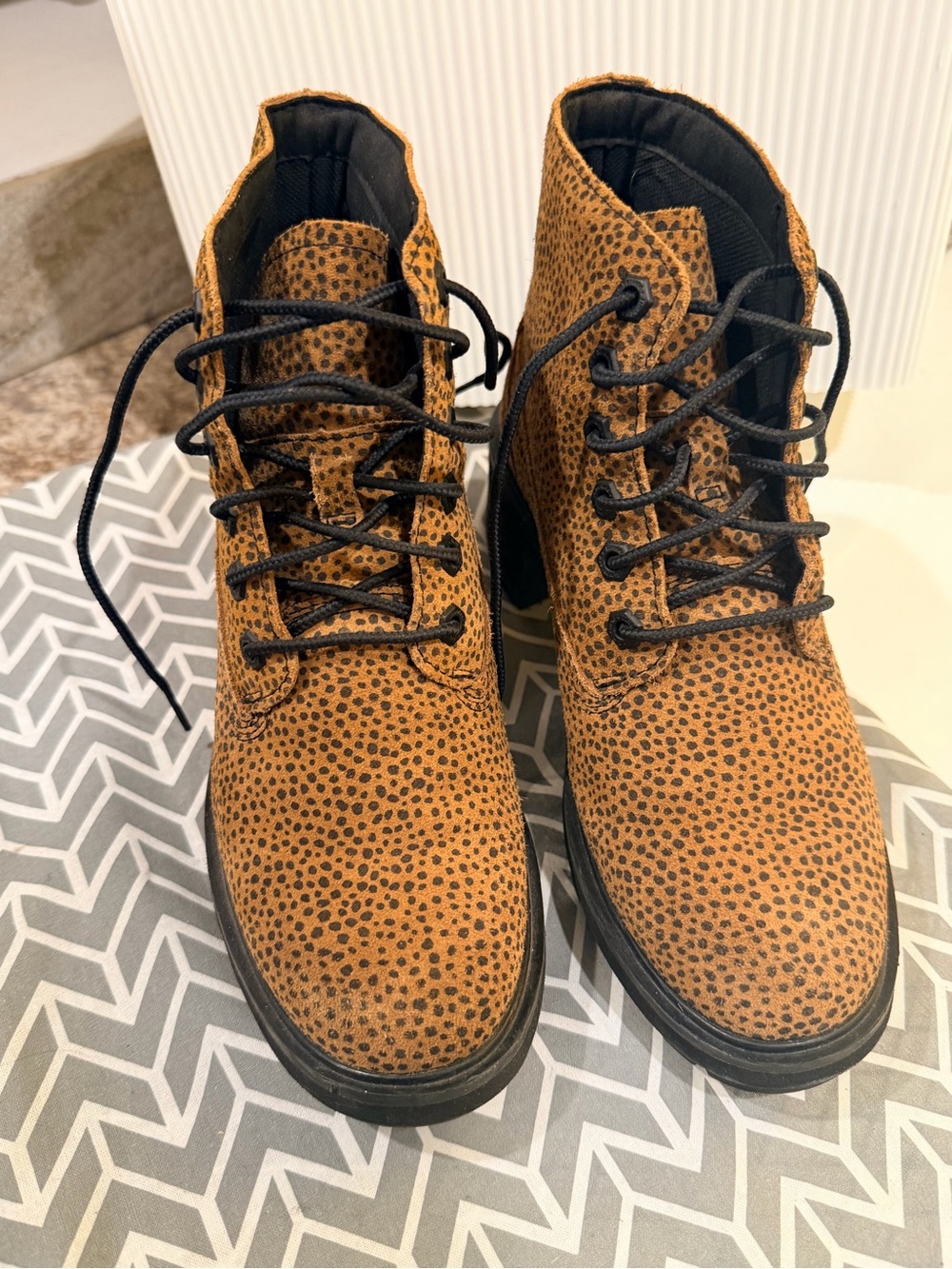 Timberland Tan/Cheetah Lace-Up Boots with Black Laces